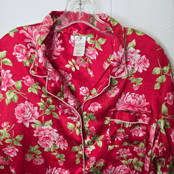 Victoria’s Secret PINK Pajama Set Women’s L Red Floral Satin Ribbon Trim Cozy - Picture 9 of 13